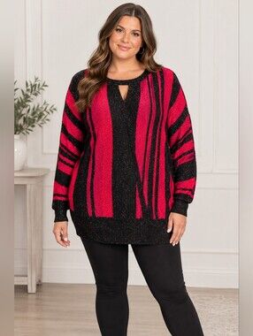 NWT Joseph A Black,Red & Hot Pink Sparkle Striped Keyhole Party/ Elegant Sweater